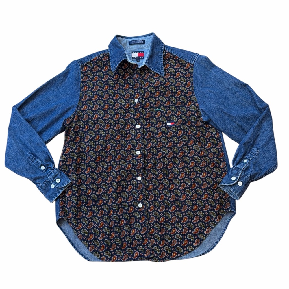 Tommy Hilfiger Vintage Denim Button-Up Shirt with Velvet Paisley Front Print